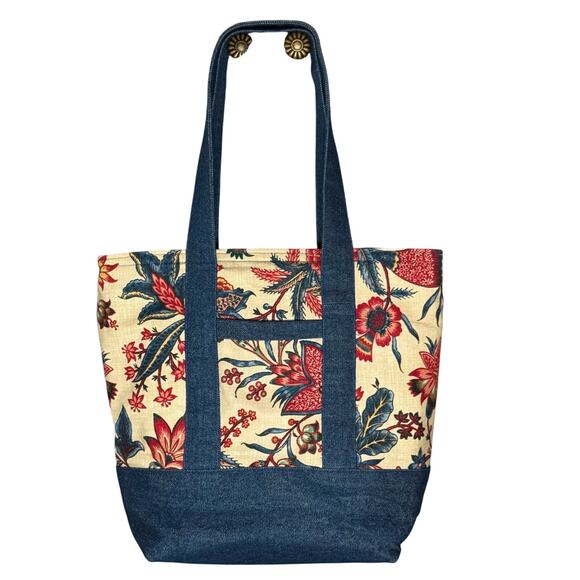 Handmade Denim & Floral Canvas Tote Bag with Pockets 13x14x6 - Picture 6 of 13